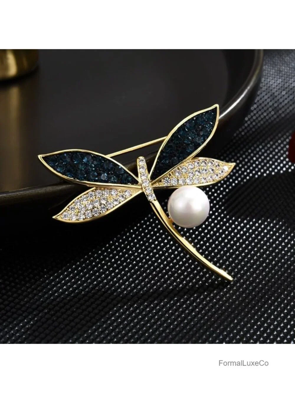Dragonfly Brooch Pin, 18k Gold-Plated Copper, Pearl Rhinestone Crystal Brooches